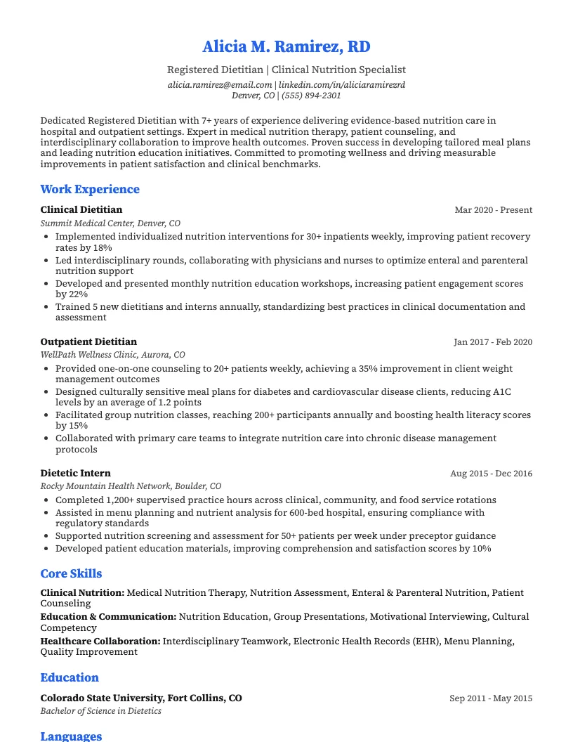Registered Dietitian Resume Example