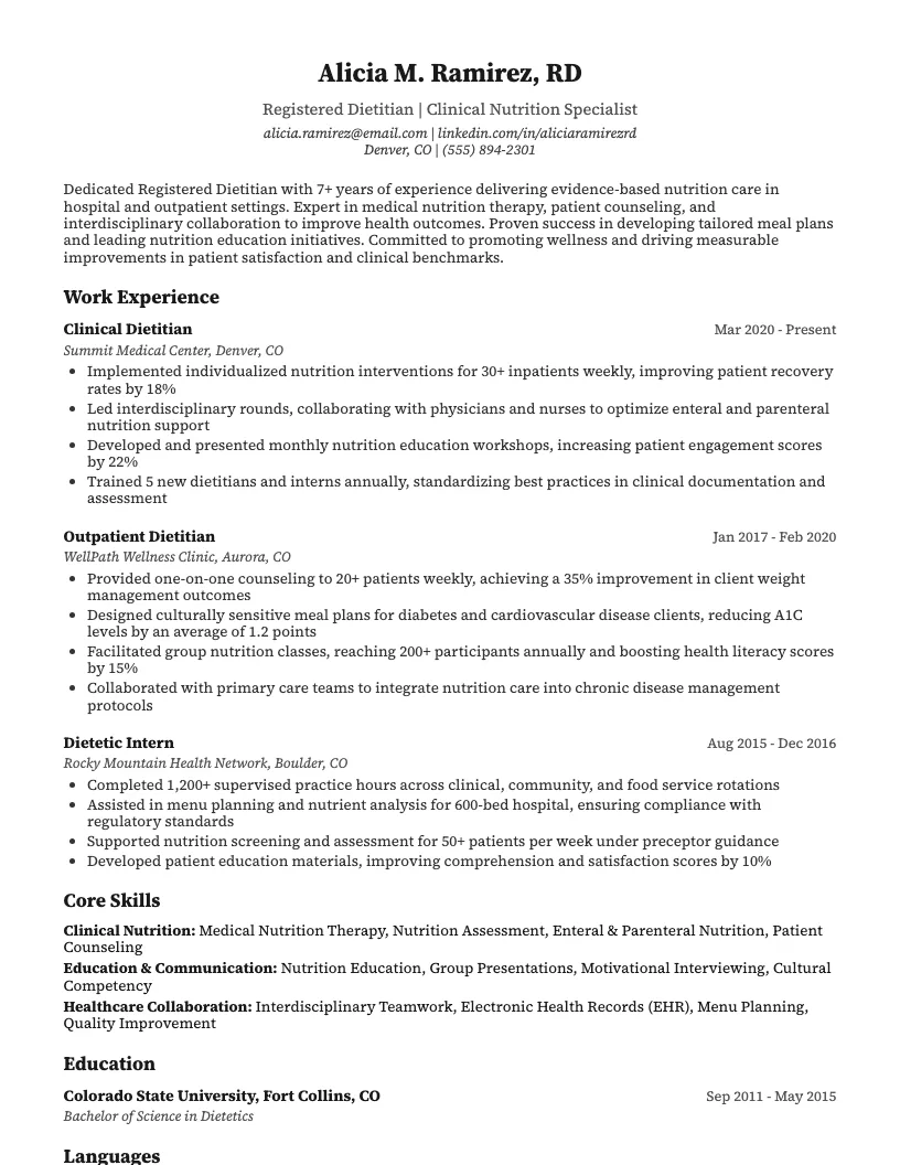 Dietitian Resume Example