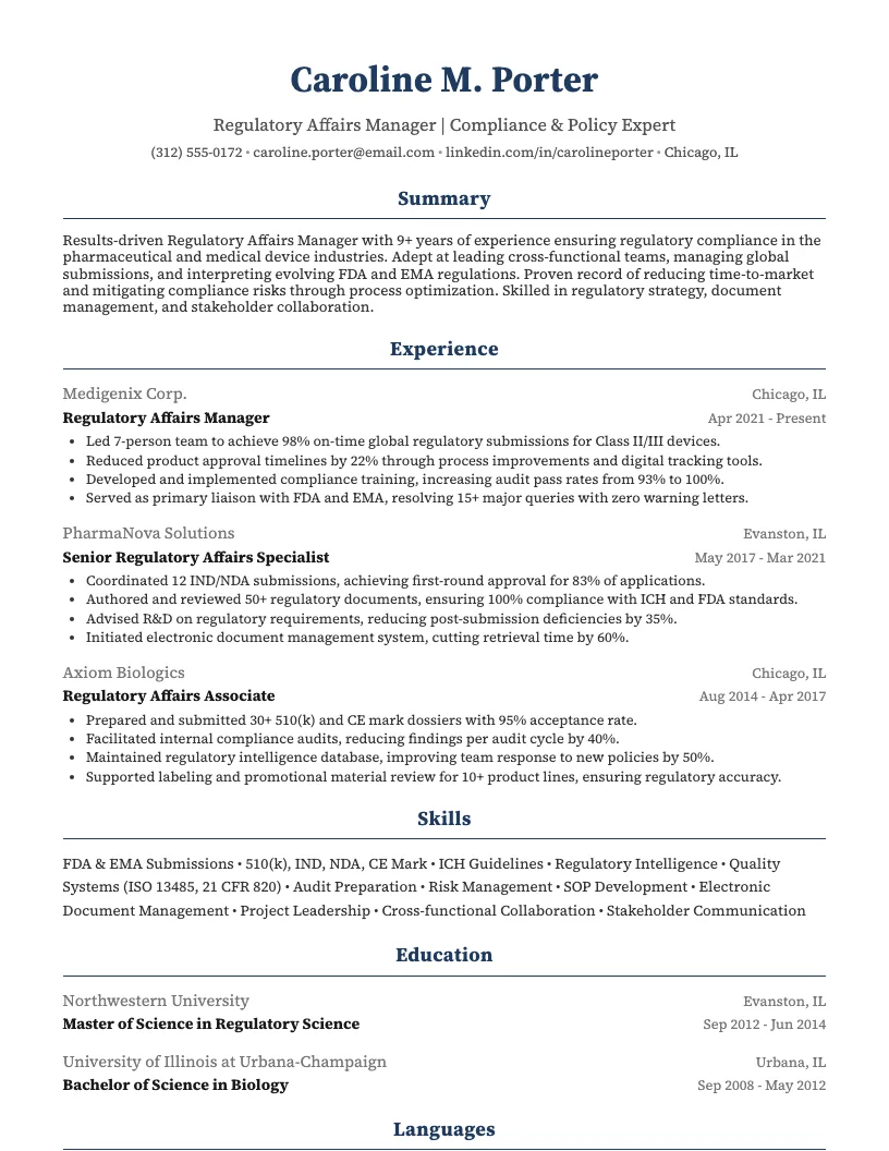 Regulatory Affairs Officer Resume Example