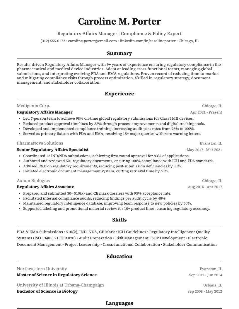 Regulatory Affairs Manager Resume Example