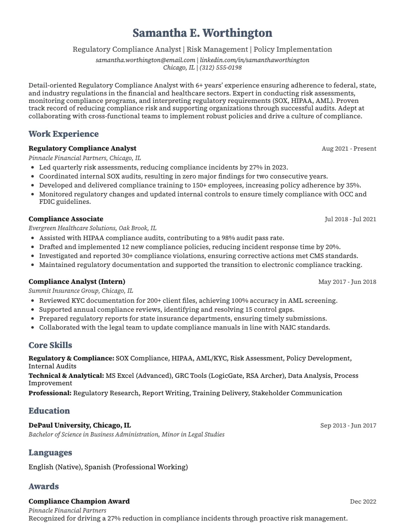 Regulatory Compliance Manager Resume Example