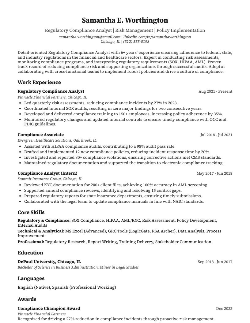 Regulatory Compliance Analyst Resume Example