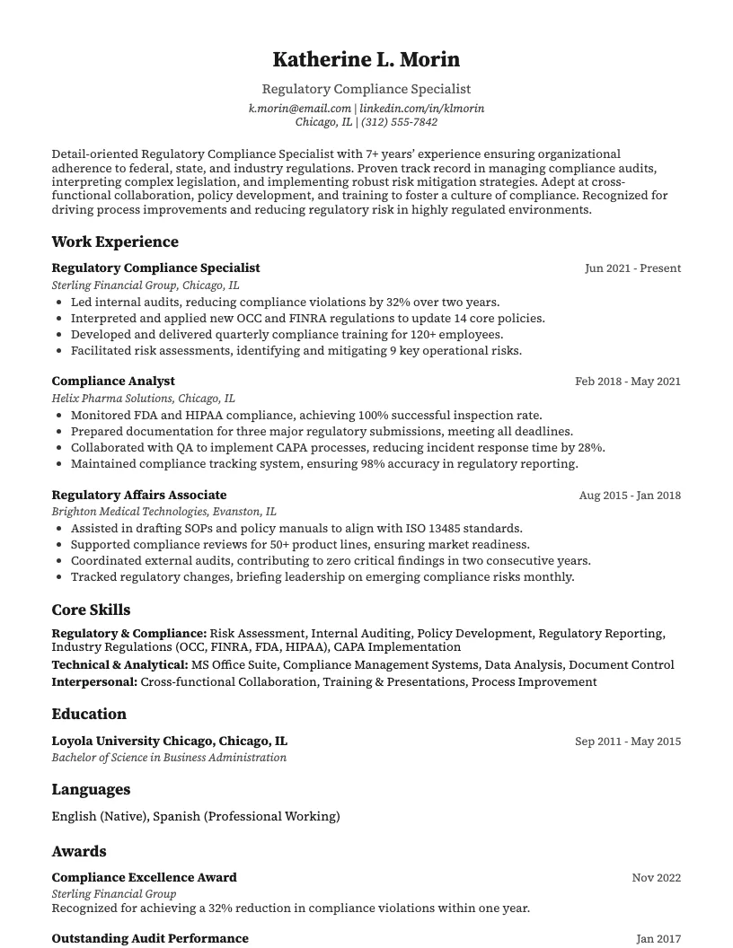Regulatory Compliance Specialist Resume Example