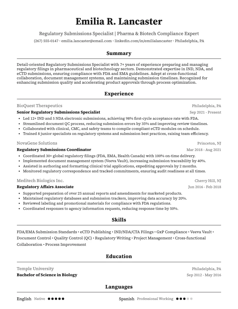 Regulatory Submissions Specialist Resume Example