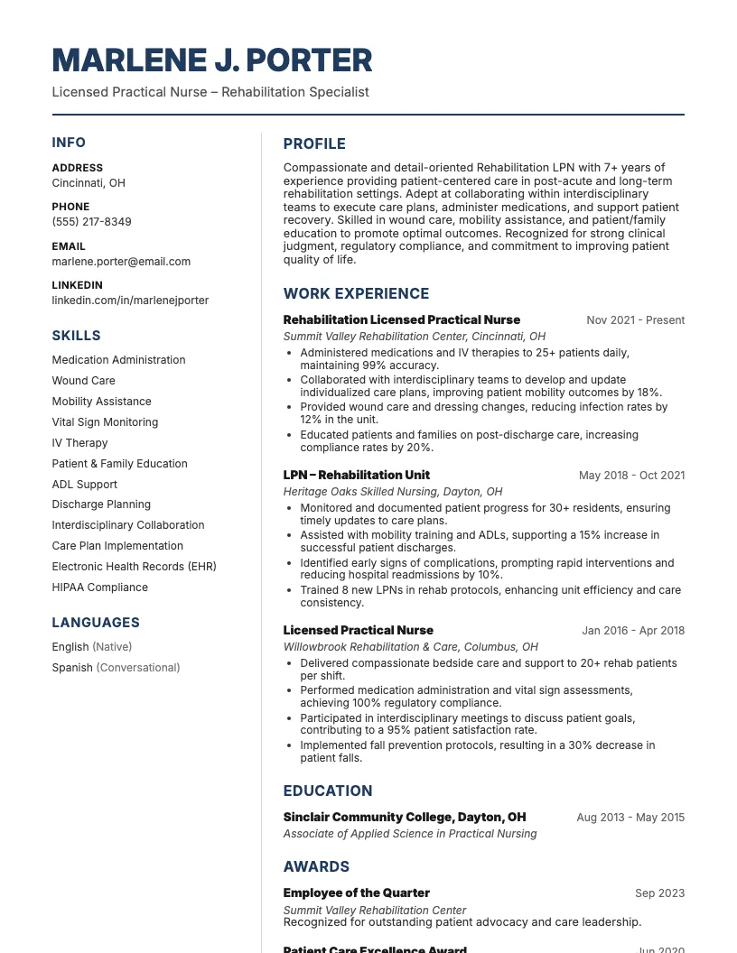 Rehabilitation LPN Resume Example