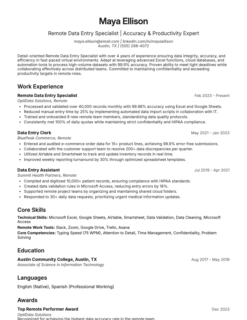 Remote Data Entry Specialist Resume Example