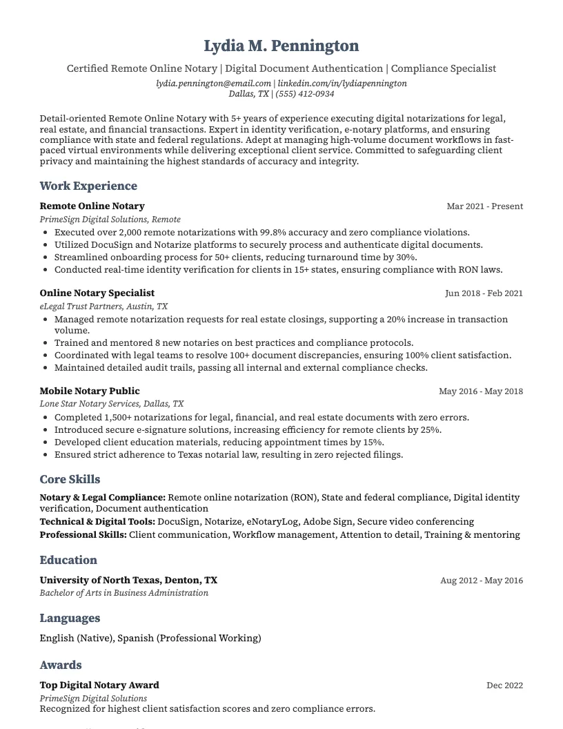 Remote Online Notary Resume Example