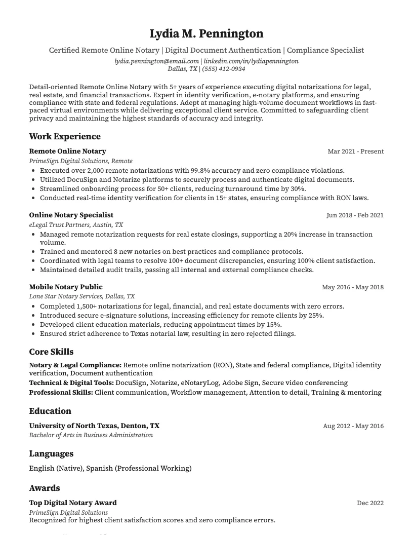 Remote Online Notary Resume Example