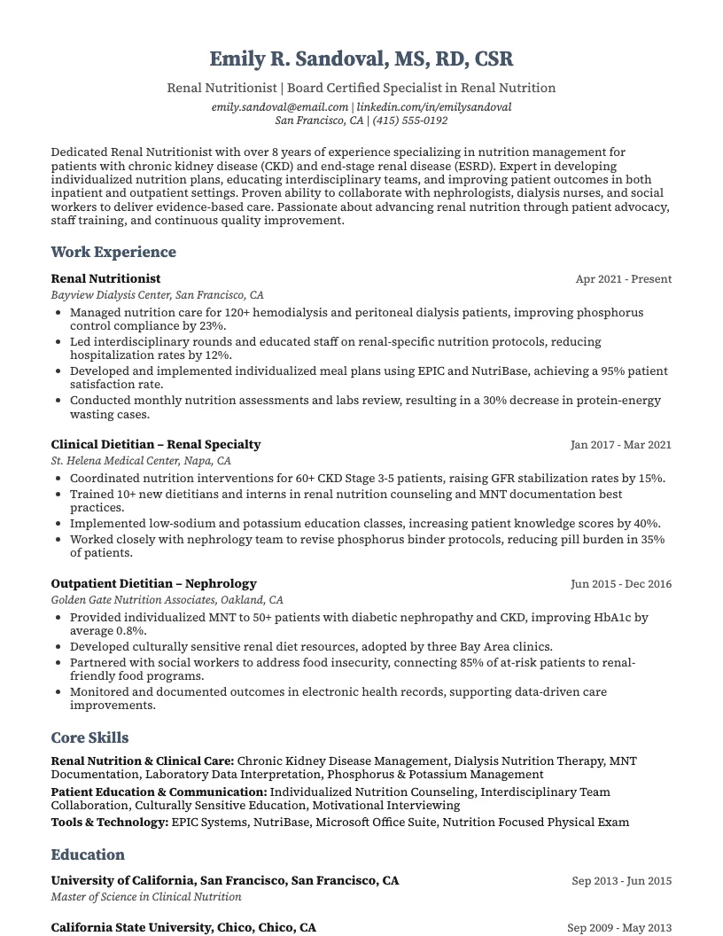 Renal Dietitian Resume Example