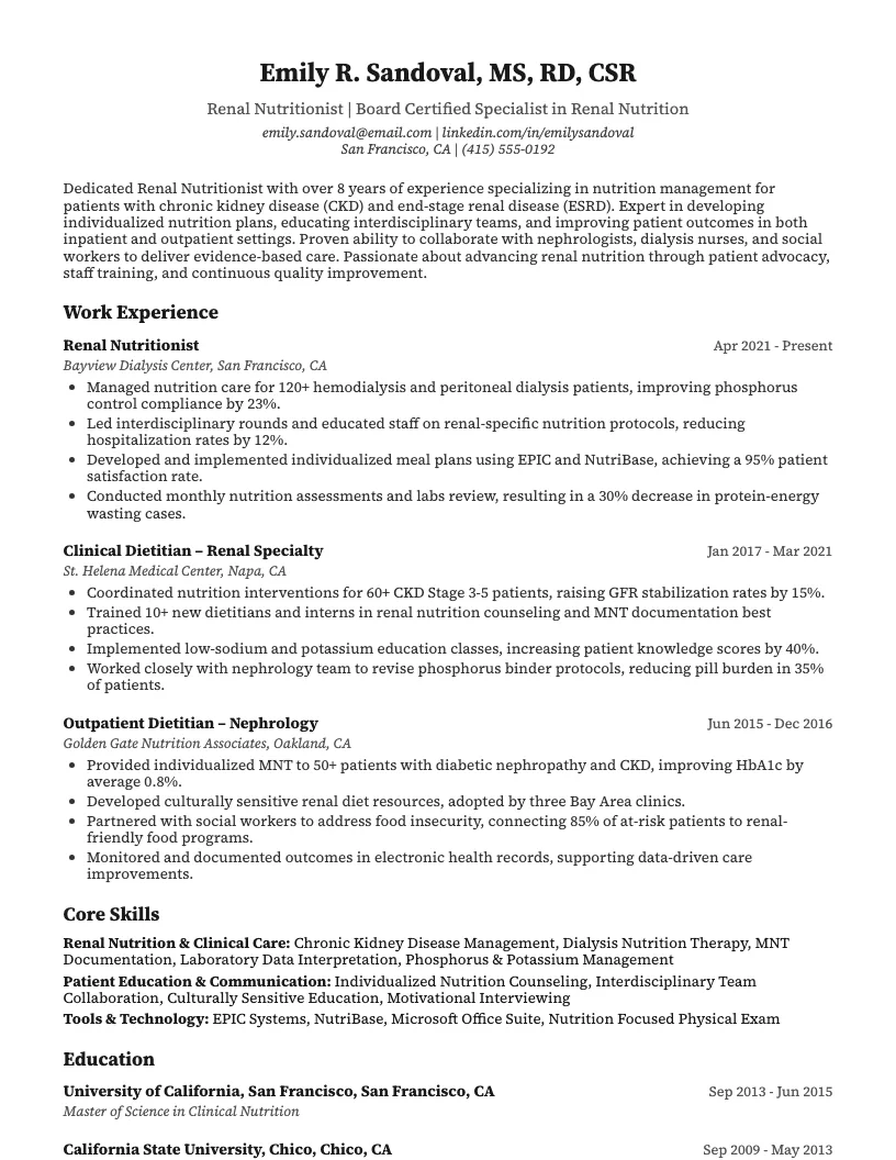 Renal Nutritionist Resume Example