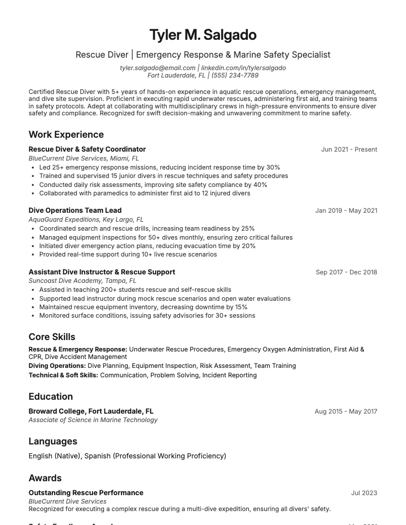 Rescue Diver Resume Example