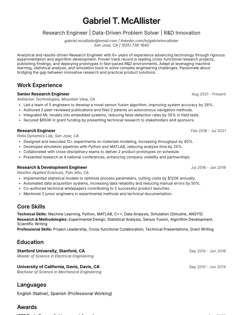 Research Engineer Resume Example