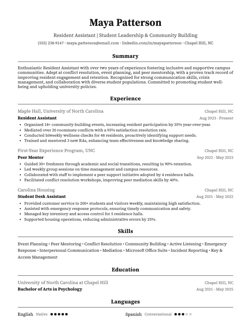 Resident Assistant Resume Example