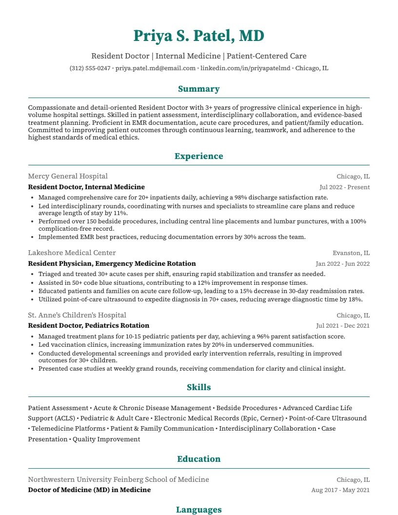 Resident Doctor Resume Example