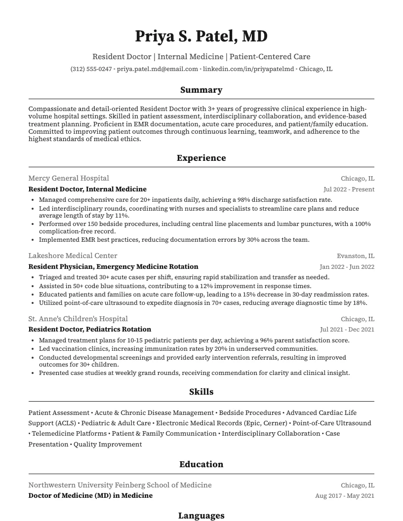 Resident Doctor Resume Example