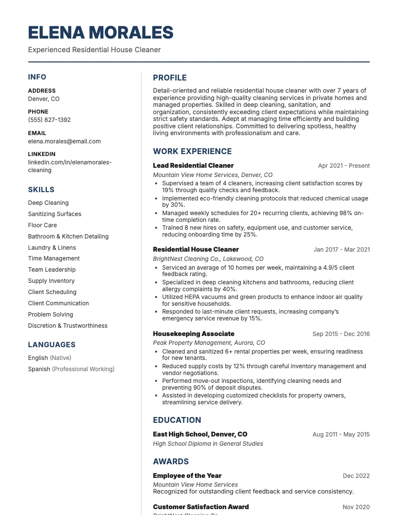 Residential House Cleaner Resume Example