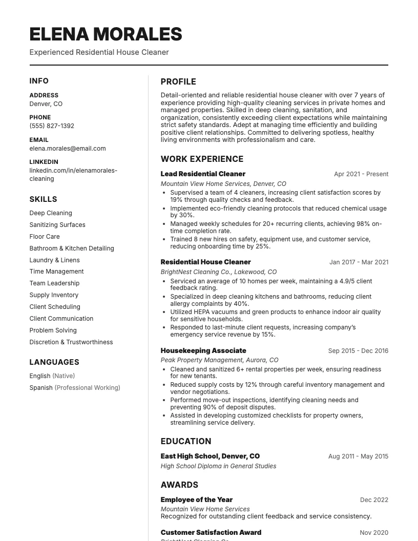 Residential House Cleaner Resume Example