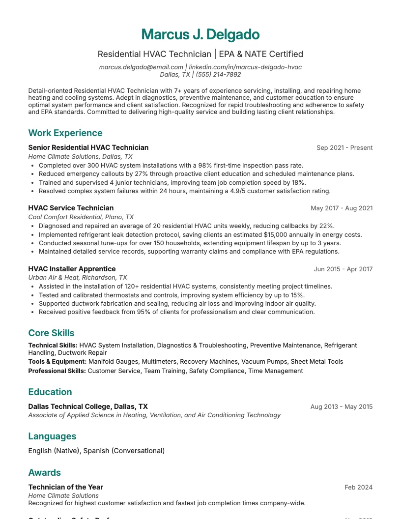 Residential HVAC Technician Resume Example