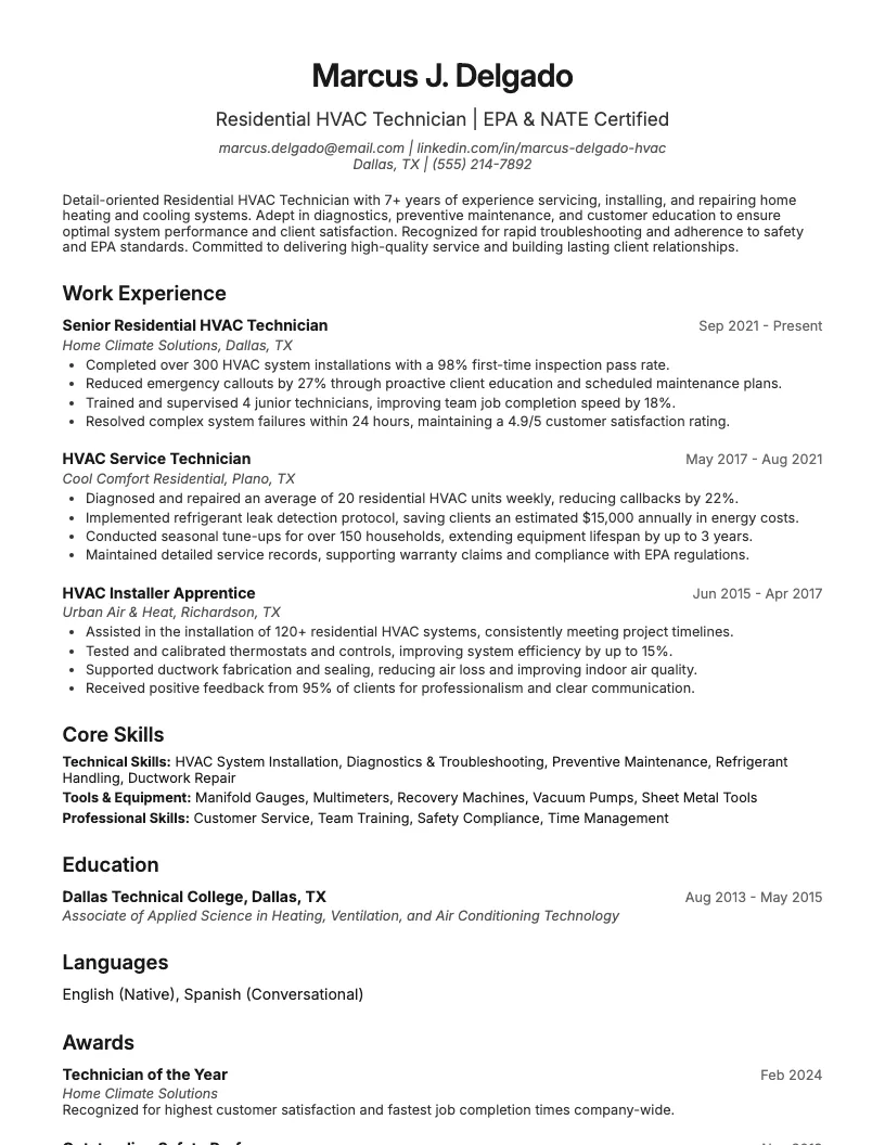 Residential Hvac Technician Resume Example