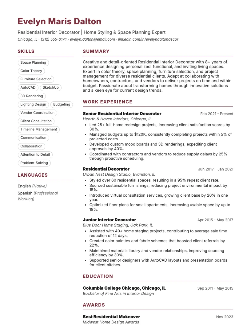 Residential Interior Decorator Resume Example