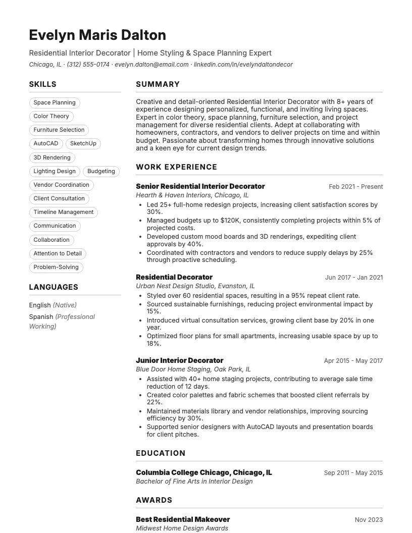 Residential Interior Decorator Resume Example