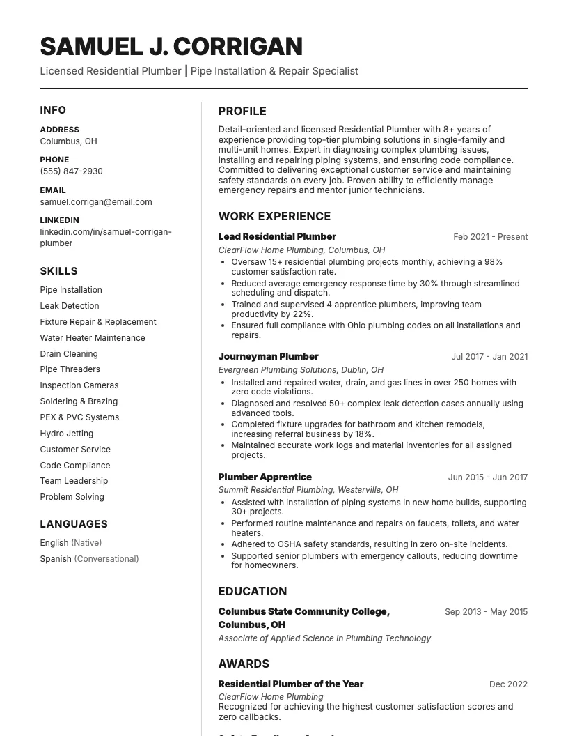 Residential Plumber Resume Example