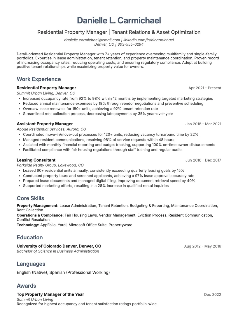 Residential Property Manager Resume Example