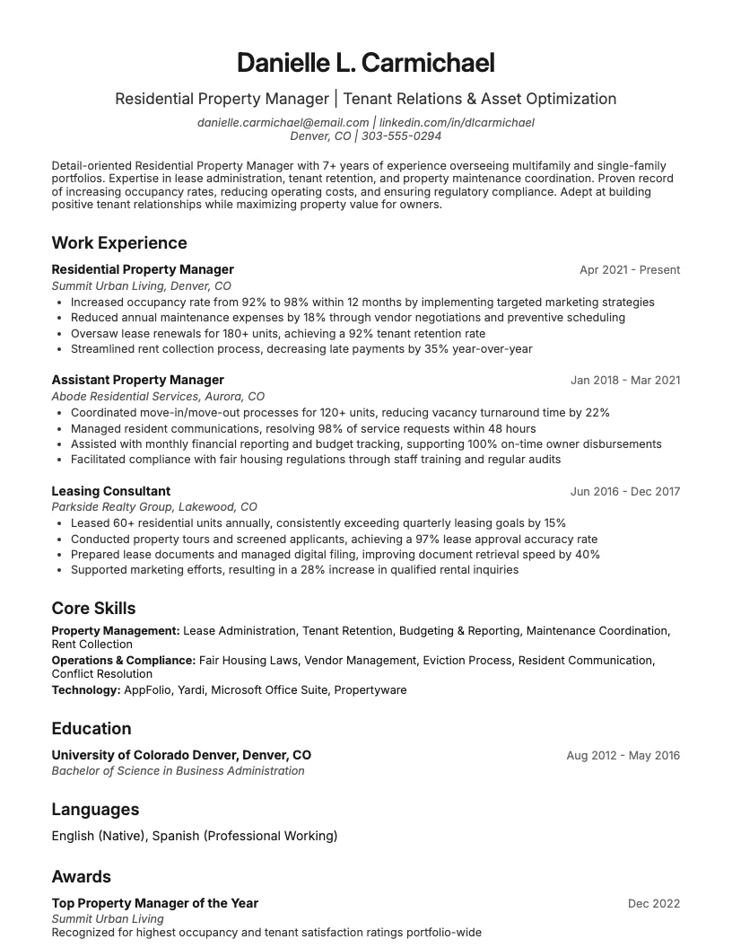 Residential Property Manager Resume Example