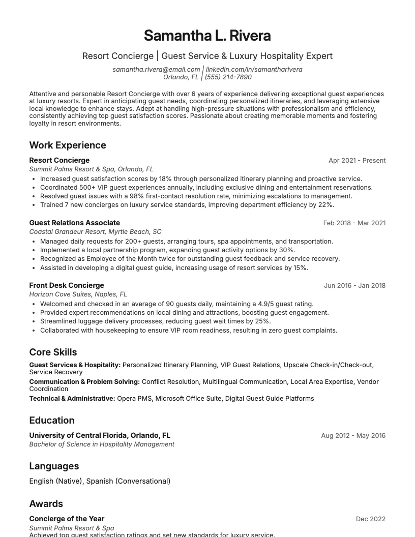 Resort Concierge Resume Example