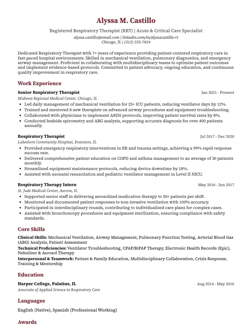 Respiratory Therapist Resume Example