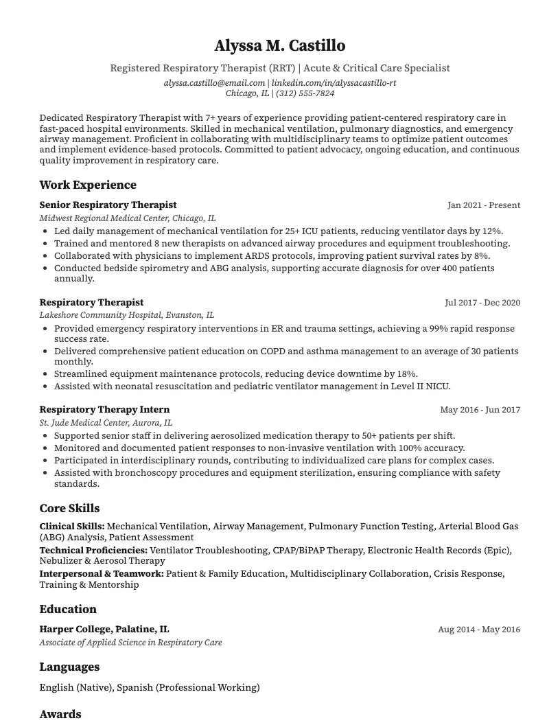 Respiratory Therapist Resume Example