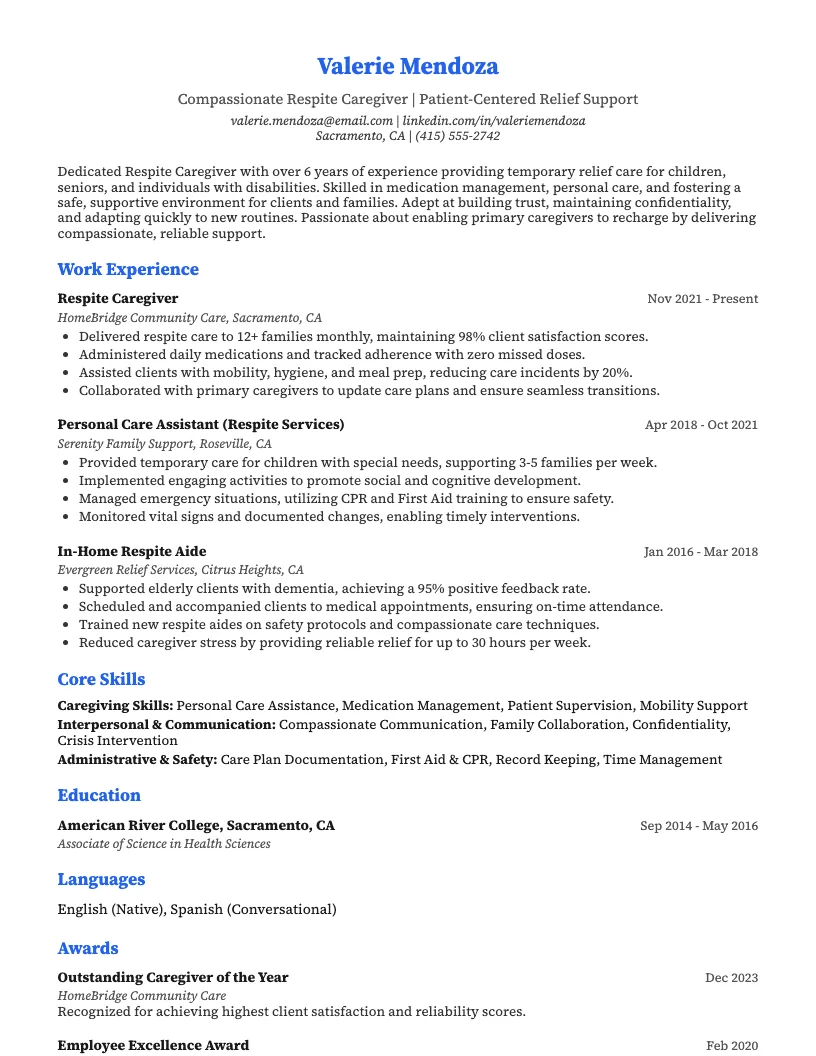 Respite Caregiver Resume Example