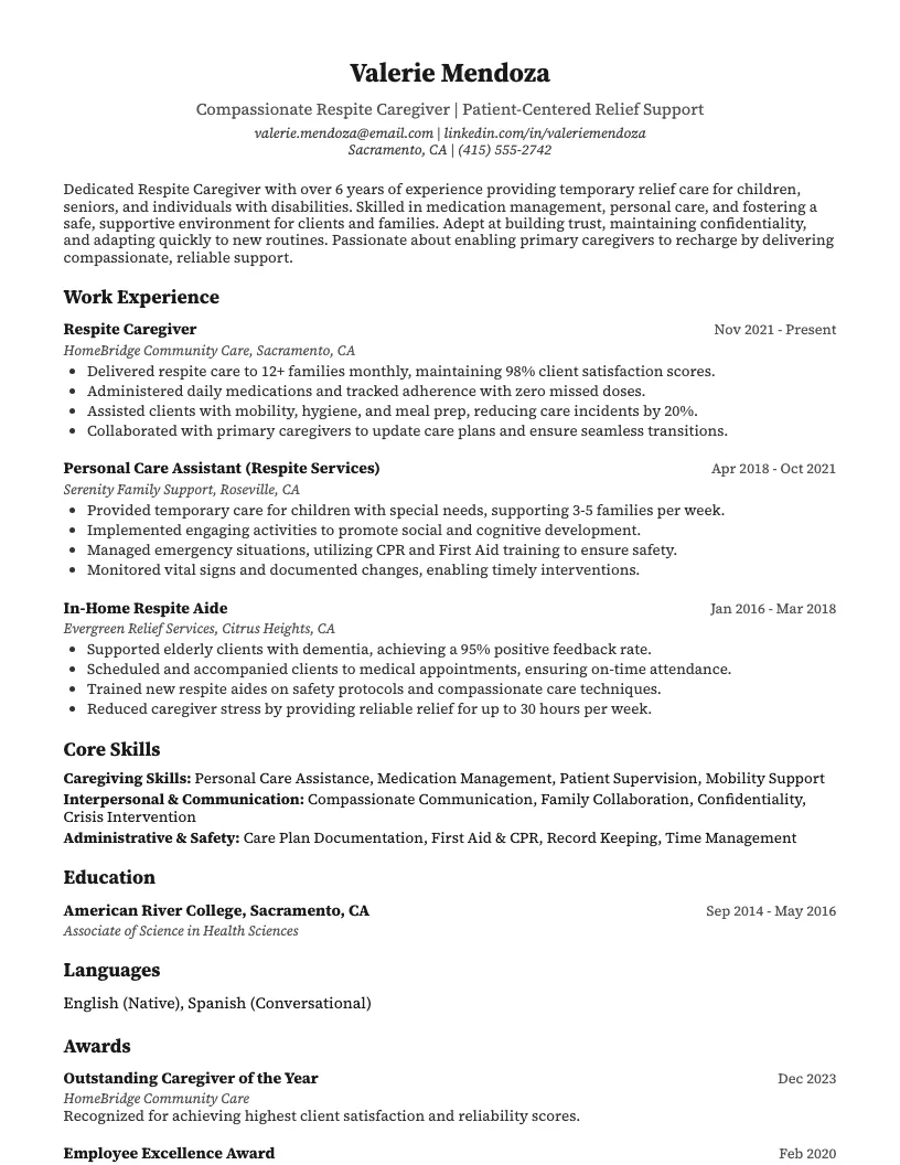 Respite Caregiver Resume Example