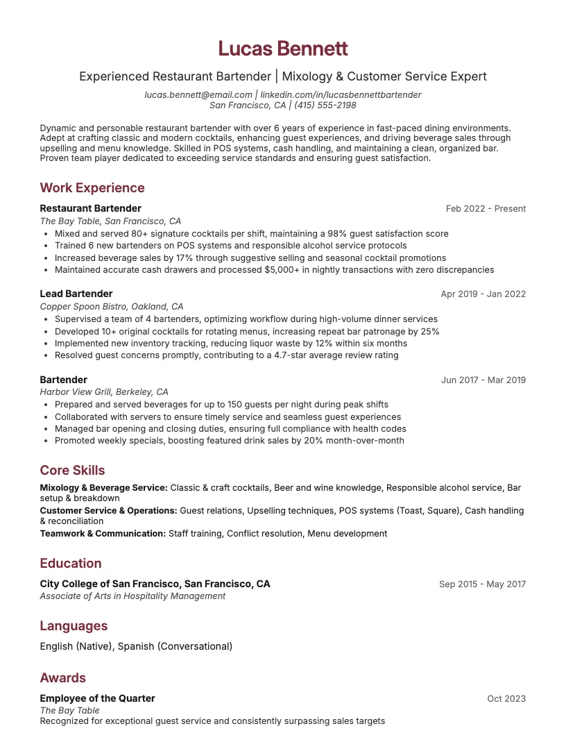 Restaurant Bartender Resume Example