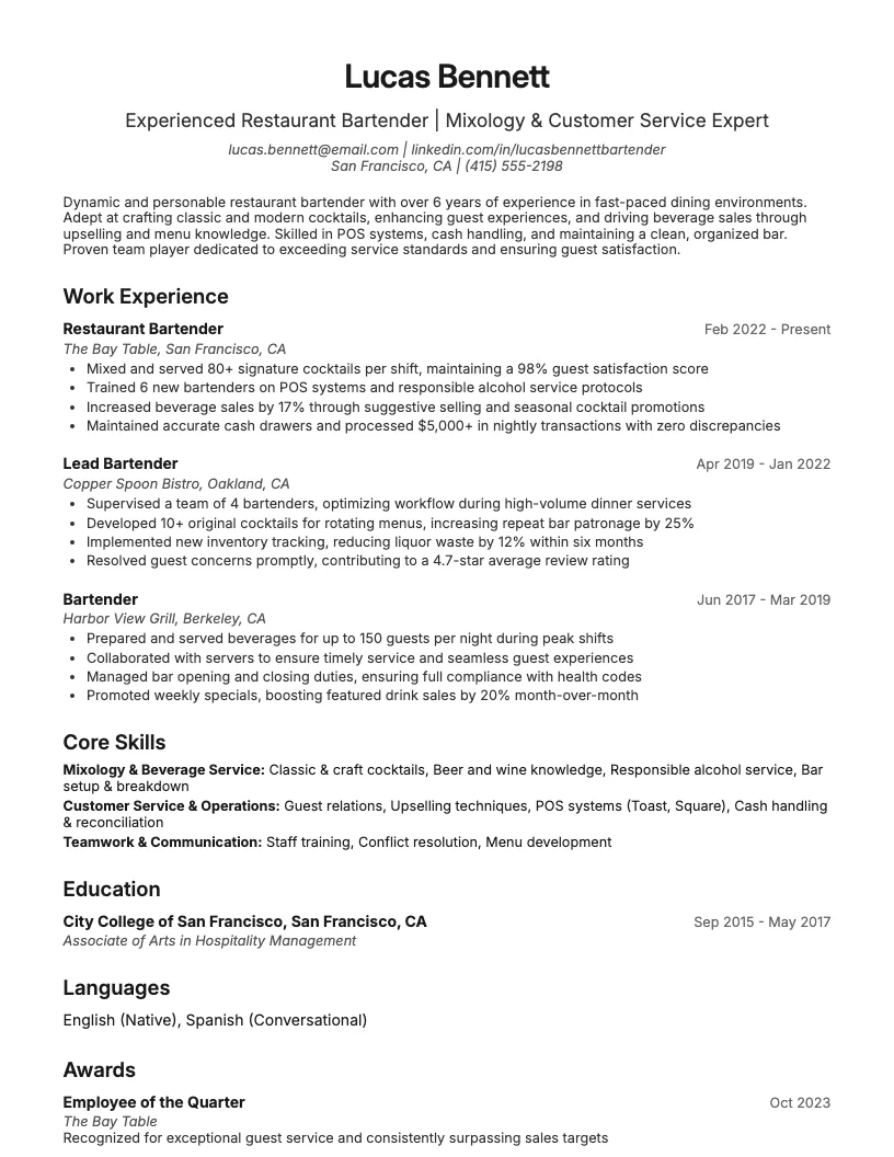 Restaurant Bartender Resume Example