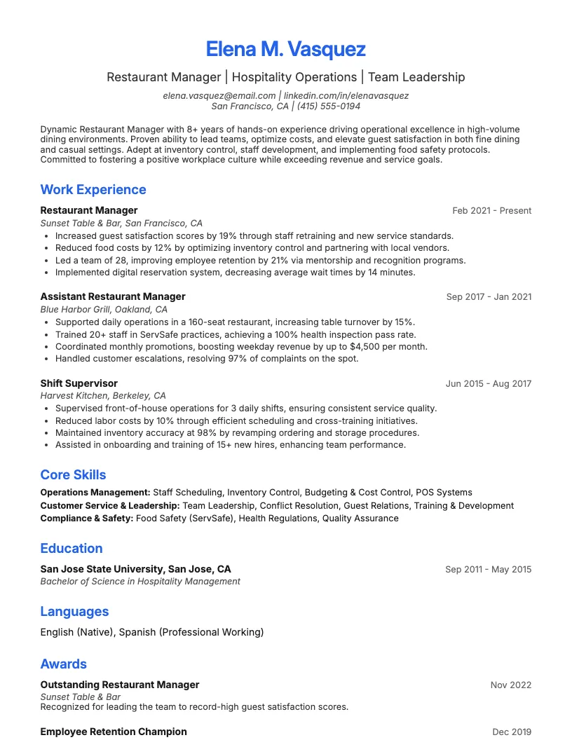 Restaurant Manager Resume Example