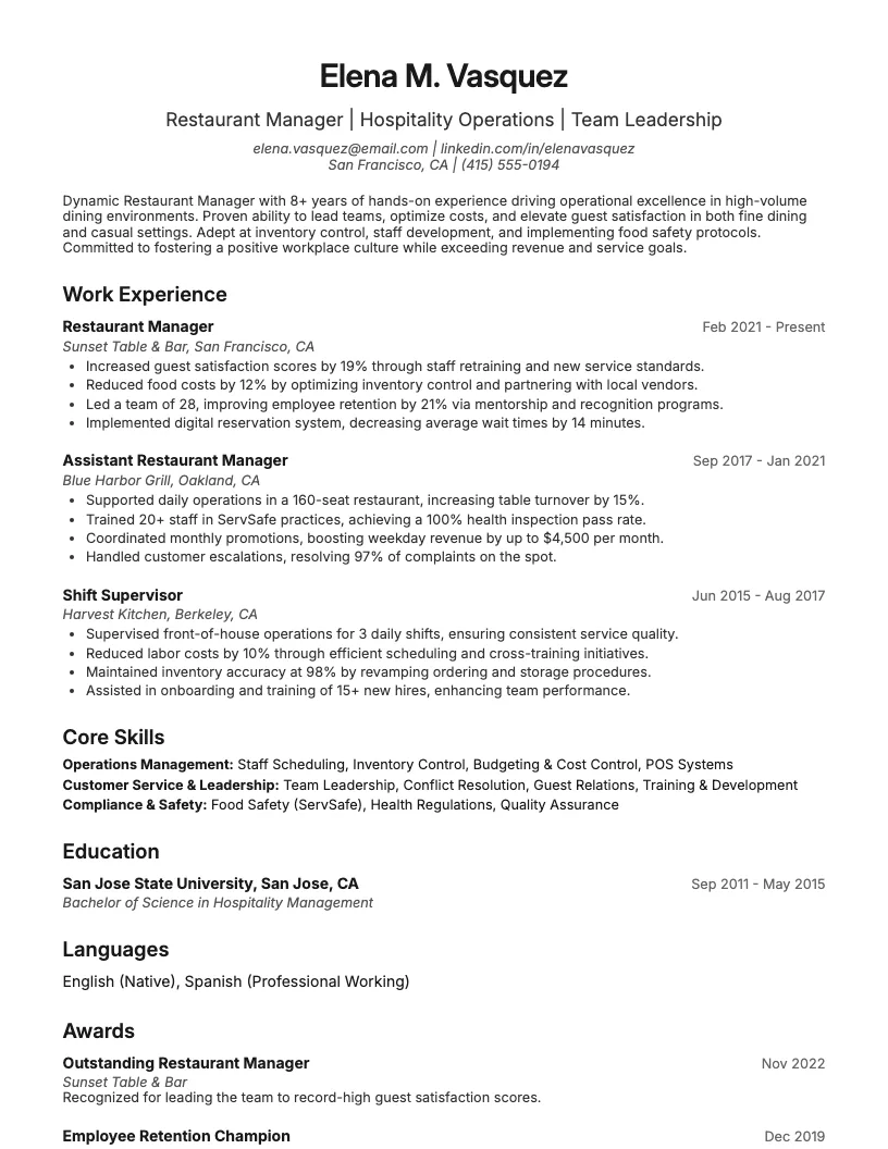 Restaurant Manager Resume Example