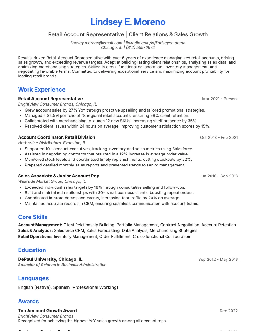 Retail Account Representative Resume Example