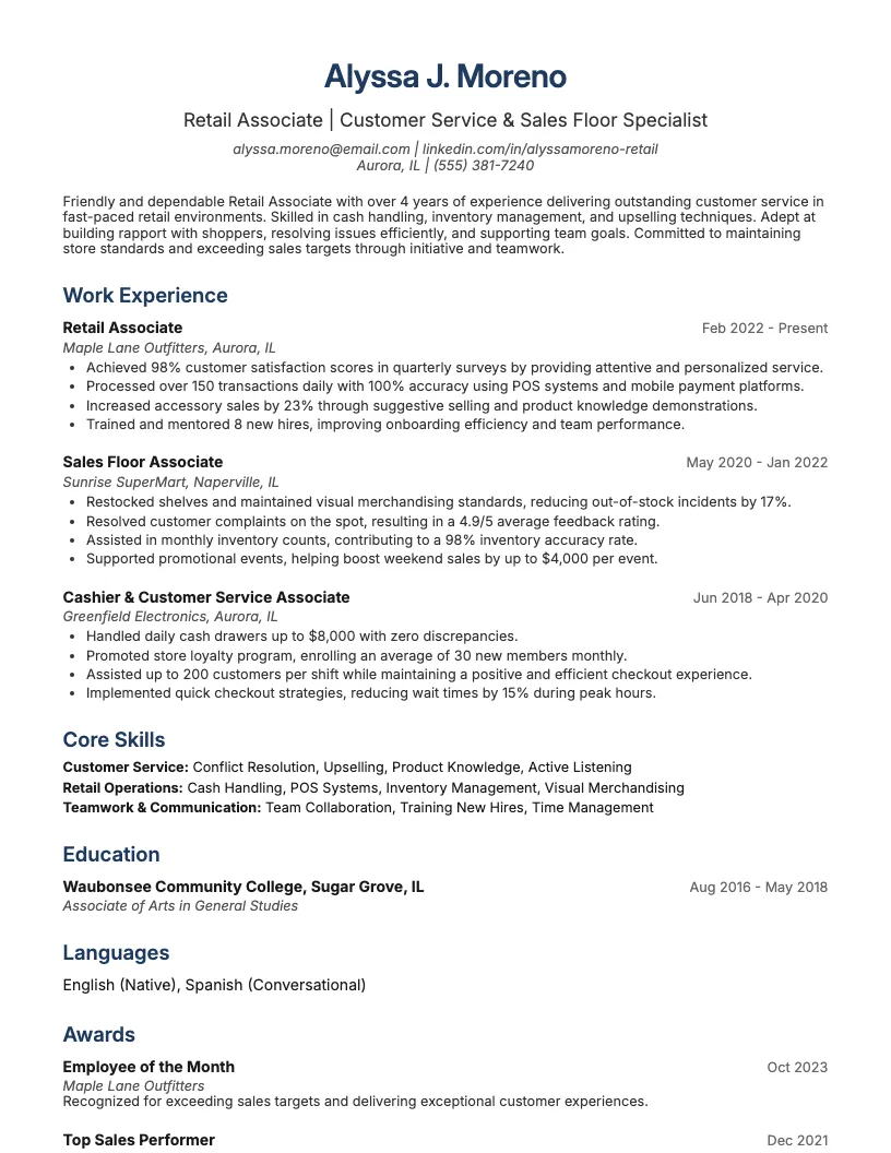 Retail Associate Resume Example