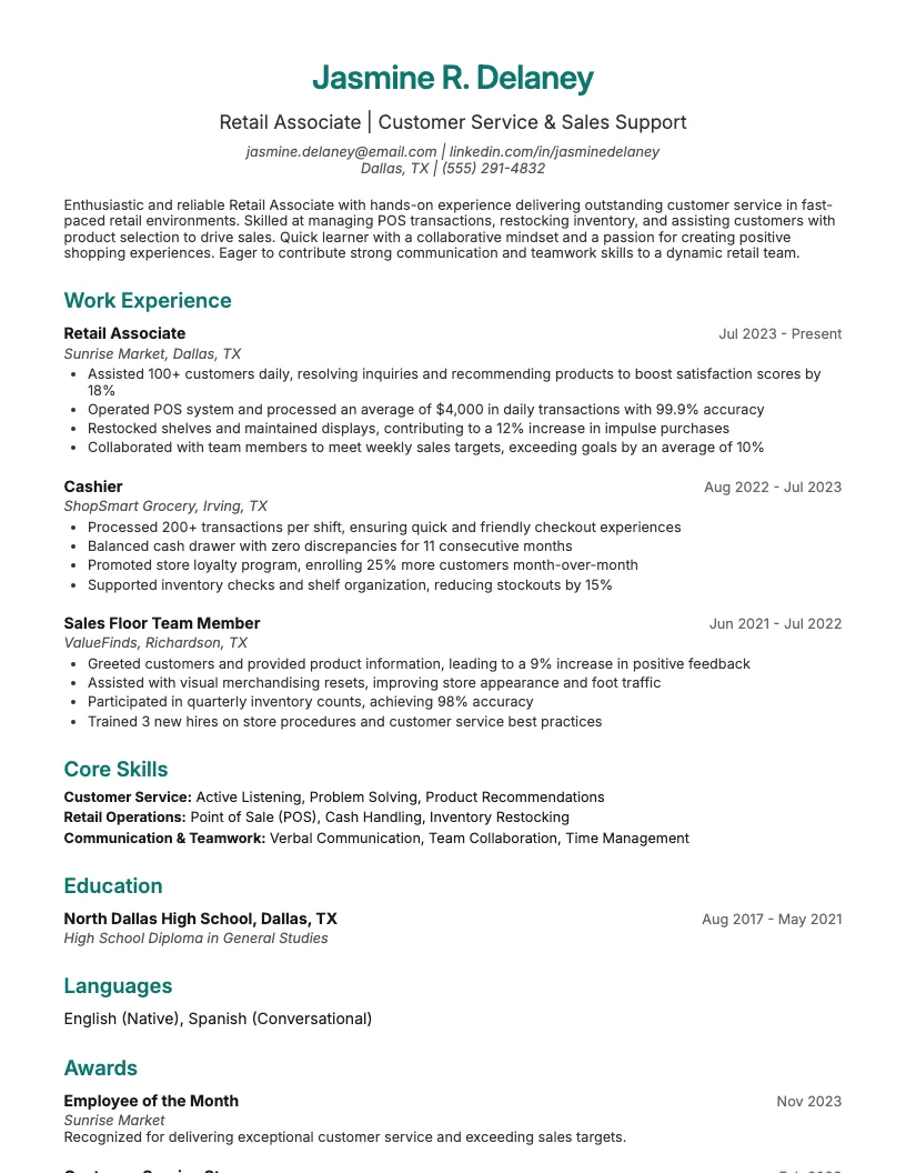 Retail Associate Entry Level Resume Example