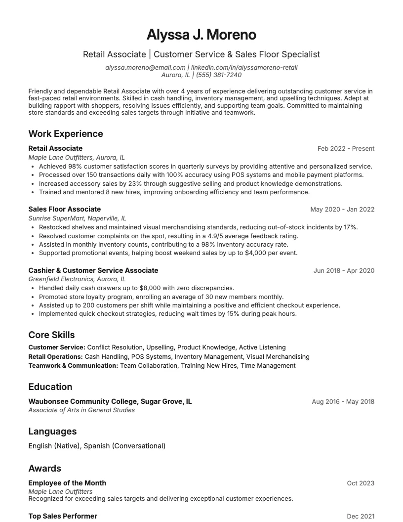 Retail Associate Resume Example