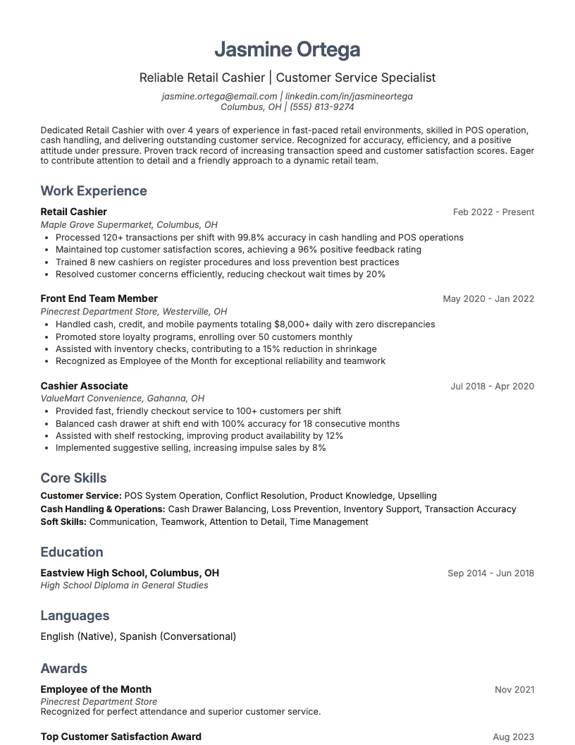 Retail Cashier Resume Example