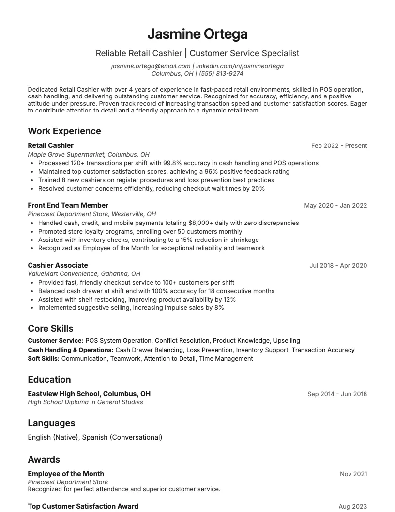 Retail Cashier Resume Example