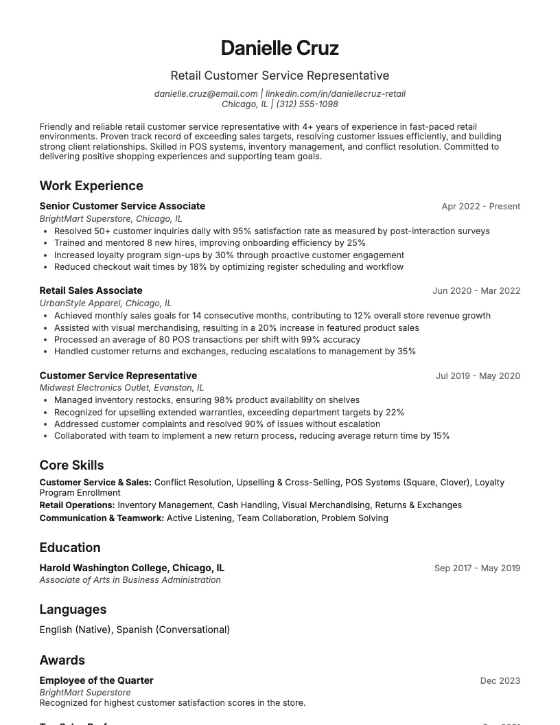 Retail Customer Service Representative Resume Example