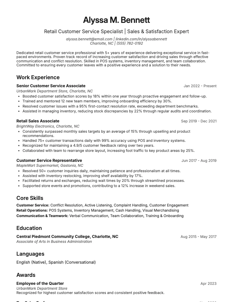 Retail Customer Service Resume Example