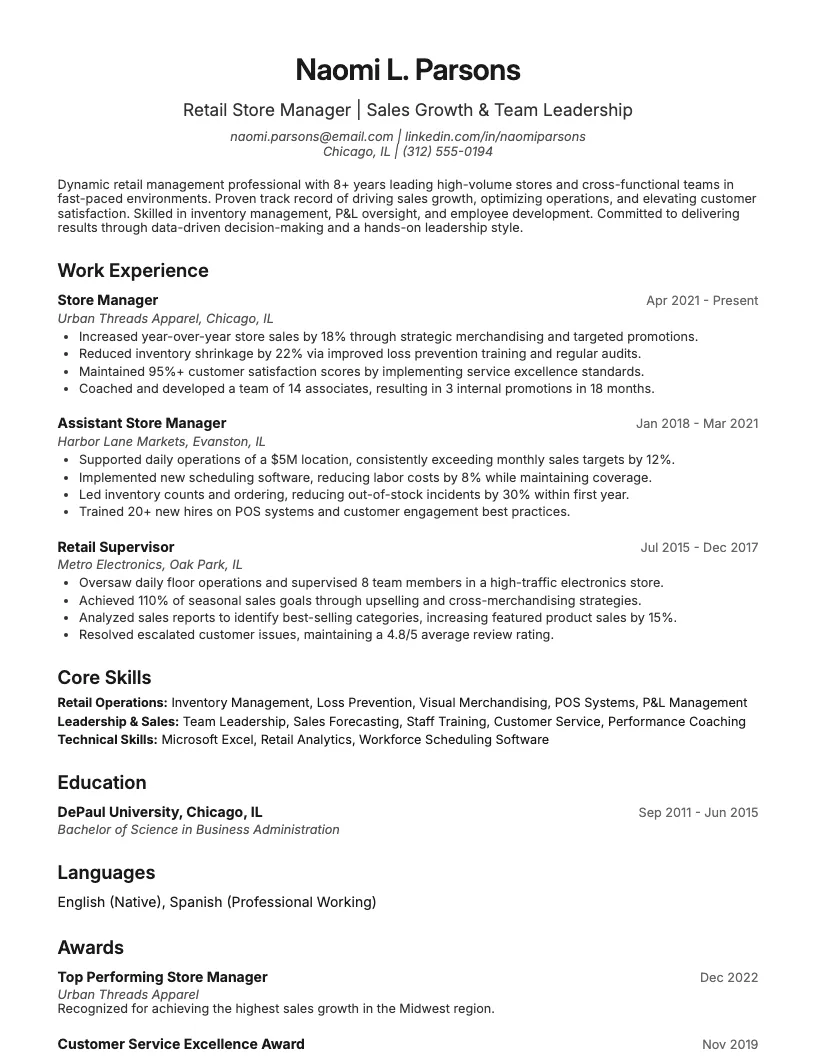 Retail Management Resume Example