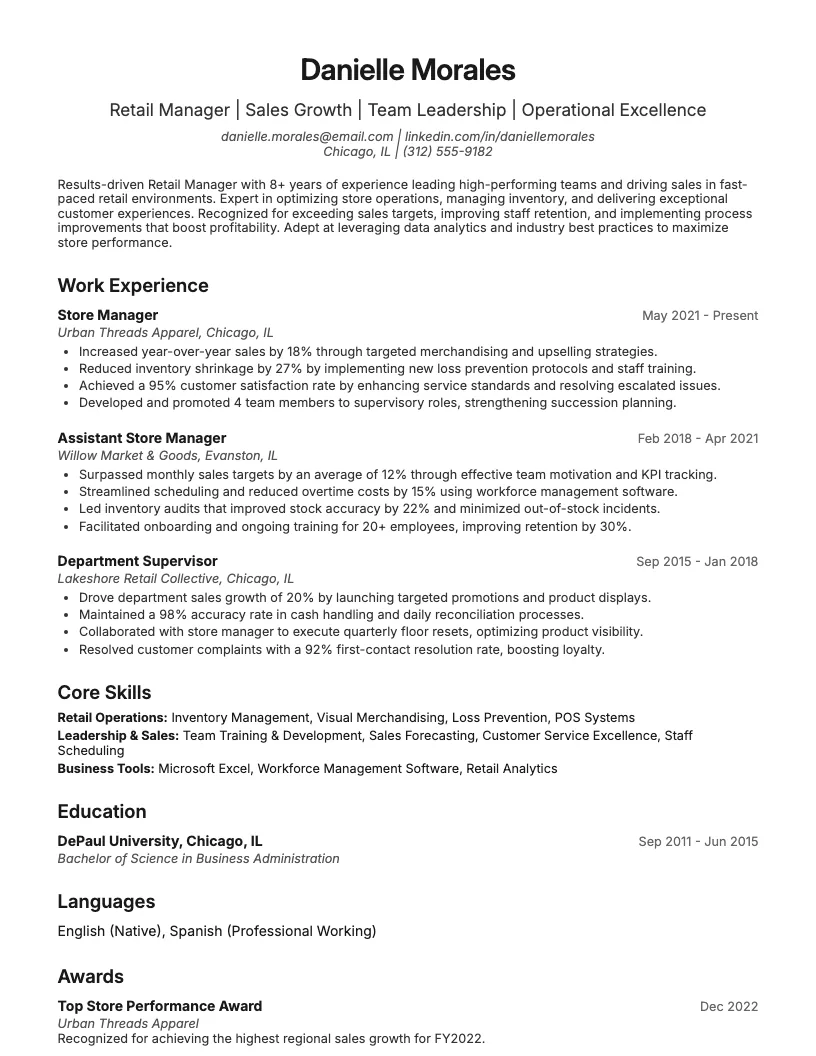 Retail Manager Resume Example