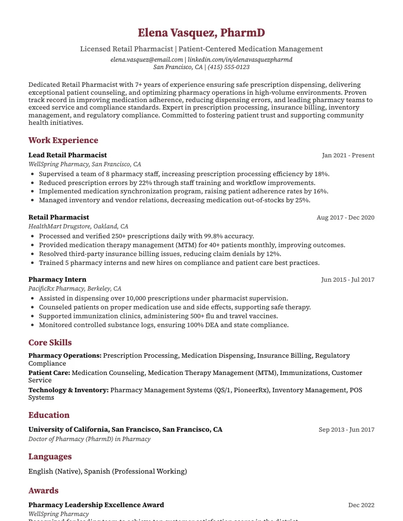 Retail Pharmacist Resume Example
