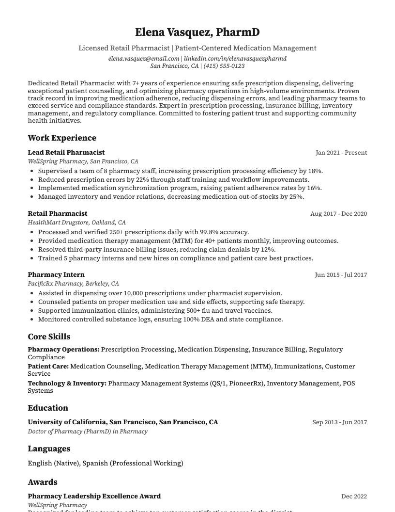 Retail Pharmacist Resume Example