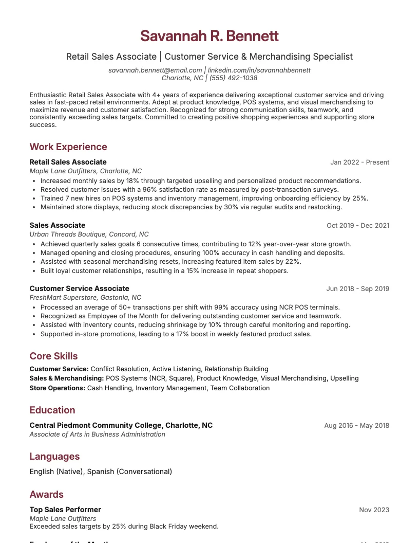 Retail Sales Associate Resume Example